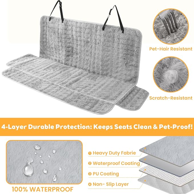 Dog Car Seat Cover, Waterproof Plush Pet Seat Protector, Gray, Back Seat | Faux rabbit fur, waterproof layer, non-slip silicone backing, side flaps, machine washable, fits most cars and SUVs - Image 3