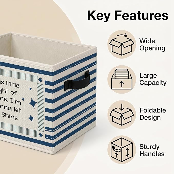 Vintage Christian Storage Bins Box, Faith Star Collapsible Organizer Basket | uplifting playful storage box basket for books clothes, navy striped organizer for nursery bedroom playroom, 10x14 in - Image 4