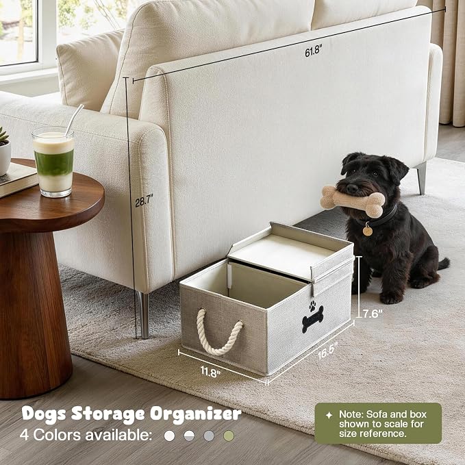 Dog Toy Basket with Double-Open Lid, Divided Dogs Basket for Toys, Collapsible Pet Toy Box, Dog Storage Organizer with 2 Divided Area, Puppy Toys Baskets with Rope Handles, Gray - Image 2