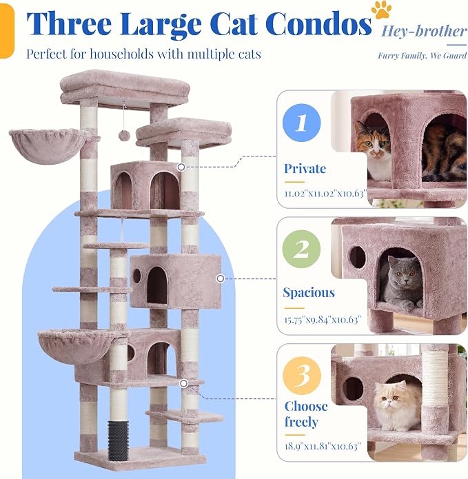 Hey-brother Cat Tree, Multi-Level Tower with 3 Condo, Hairbrush, MPJ035-MMU - Image 3