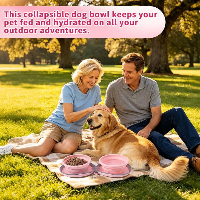 Dog Bowl for Travel, Collapsible Silicone Dog Dual Bowls with Dustproof Zip Case and Pet Paw Pattern 180 Degrees Flip Over Compact Foldable Feeder for Camping Hiking Trips - Image 2