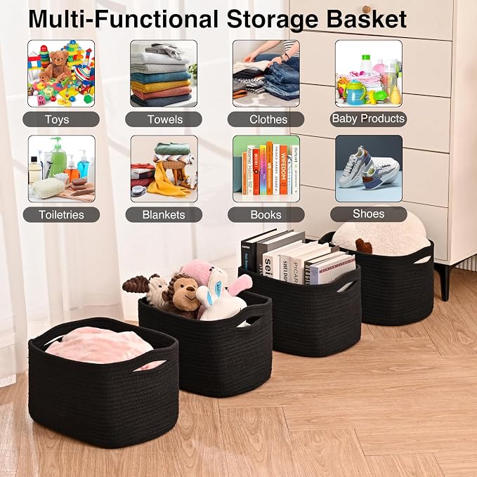 ICERZCZ Black Storage Baskets for Shelves, Small Storage Baskets for Organizing, Woven Cotton Rope Baskets for Storage, Book Basket, Decorative Shelf Basket, 12.5"Lx9.1''Wx7.9''H (4 Packs) Black - Image 4