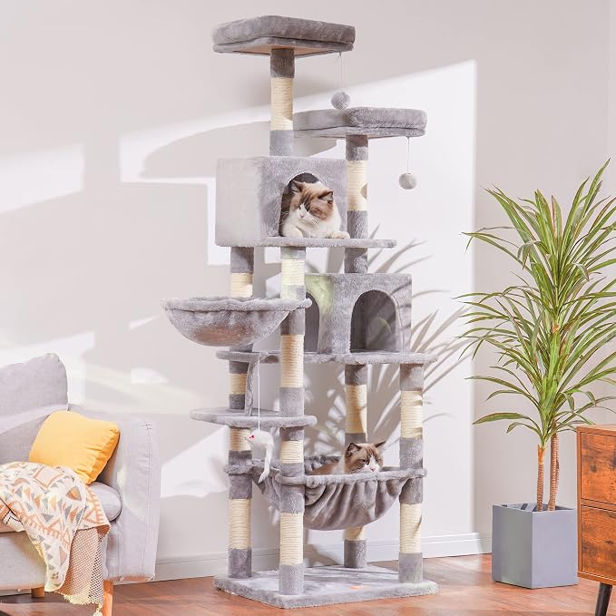 Heybly Cat Tree, 70 inches Tall Cat Tower for Indoor Large Cats HCT032W | Big Cat Condo with Toy , Cat House Furniture with Padded Plush Perch, Cozy Hammock and Sisal Scratching Posts, Light Gray - Image 8