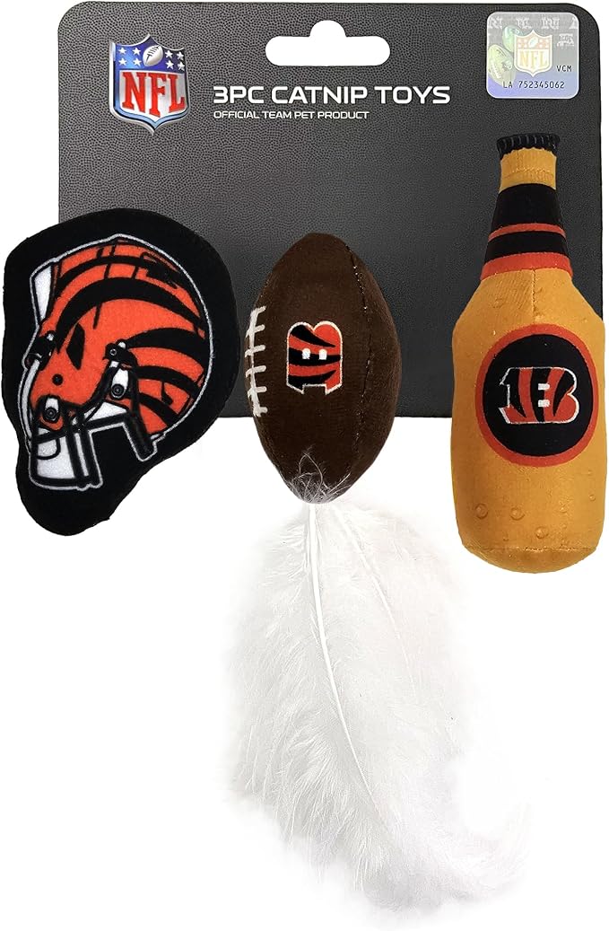 Best Plush CAT Toy - NFL Cincinnati Bengals Complete Set of 3 Piece Cat Toys Filled with Fresh Catnip. Includes: 1 Helmet Cat Toy, 1 Football Cat Toy with Feathers & 1 Beer Bottle. by PETSFIRST