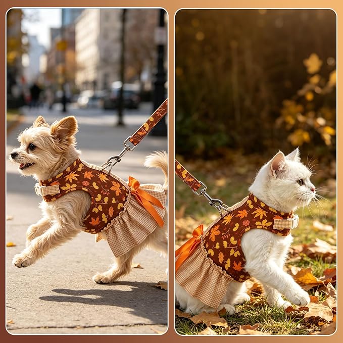 EXPAWLORER Dog Harness Small Medium Sized Dogs, No Choke No Pull Mesh Vest | Fall Dog Dress Bowknot Harness and Leash Set, Cute Princess Puppy Soft Outfits Clothes Costume for Girls Party Cats Brown M - Image 8