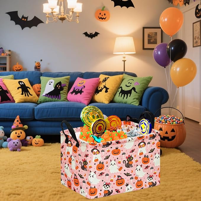 Pink Halloween Storage Basket for Girls, Pumpkin Ghost Bat Spider Design - Image 2