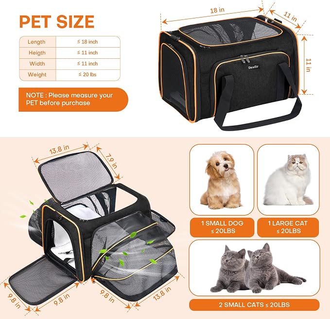 Pet Carrier, Large Soft Sided Expandable Travel Carrier with Steel Frame, Anti-Scratch Mesh, Removable Fleece Pad and Pockets for Cats, Dogs and Small Animals up to 15 lbs (Black, 4 Sides Expandable) - Image 5