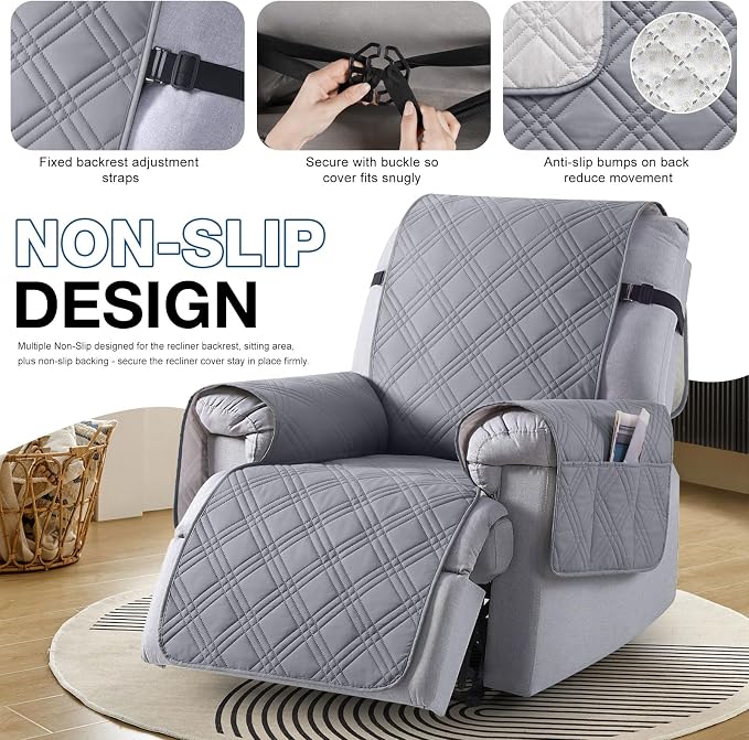 TAOCOCO 100% Waterproof Recliner Chair Cover, Non Slip Recliner Covers for Recliner Chair with Pocket, Washable Reclining Chair Cover Furniture Protector for Kids, Pets(23.6'', Gray) - Image 6