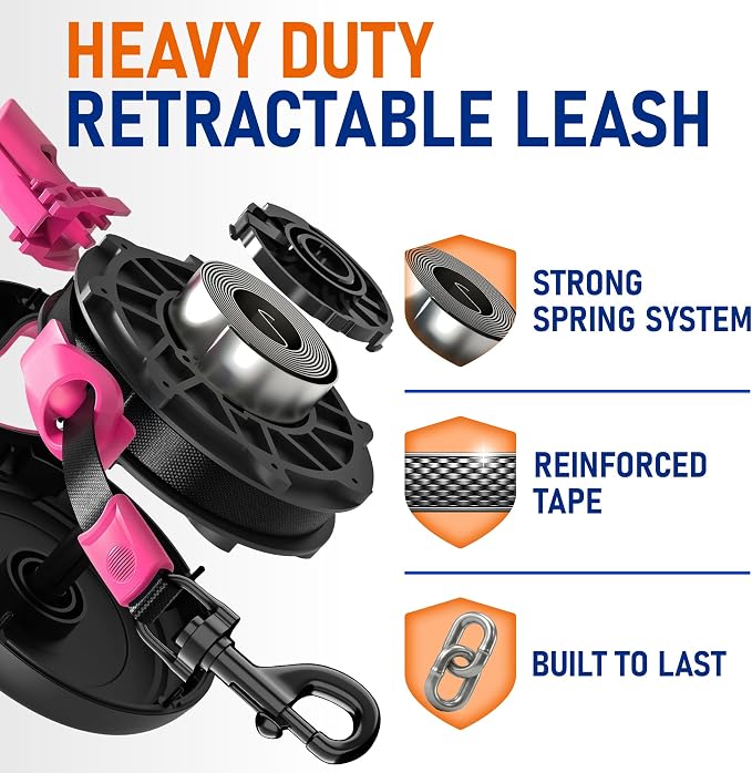 20.1 ft Retractable Dog Leash for Dogs 10–100 lbs - Heavy Duty Tape Leash with Strong Nylon Tape - 360° Swivel Control - One-Click Brake & Lock - Ergonomic Non-Slip Grip for Safe & Easy Daily Walks PK - Image 6