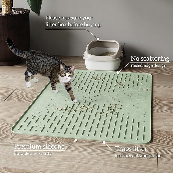 Large Cat Litter Mat, 31.5x23.6 Silicone Trapping Mat Sage Green | for Kitty Litter Box, Easy Clean, BPA Free Rubber, Center Litter Collection, Easy Pour-Back, Waterproof, Odor-Resistant - Image 6