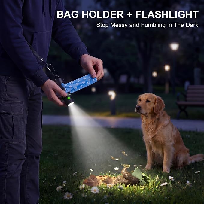 Mudder 2 Pack Dog Poop Bag Holder with Built-in LED Flashlight Black Pet Waste Dispenser for Leash with Clip and 2 Rolls Leak-proof Doggy Waste Bags for Dog Walking - Image 3