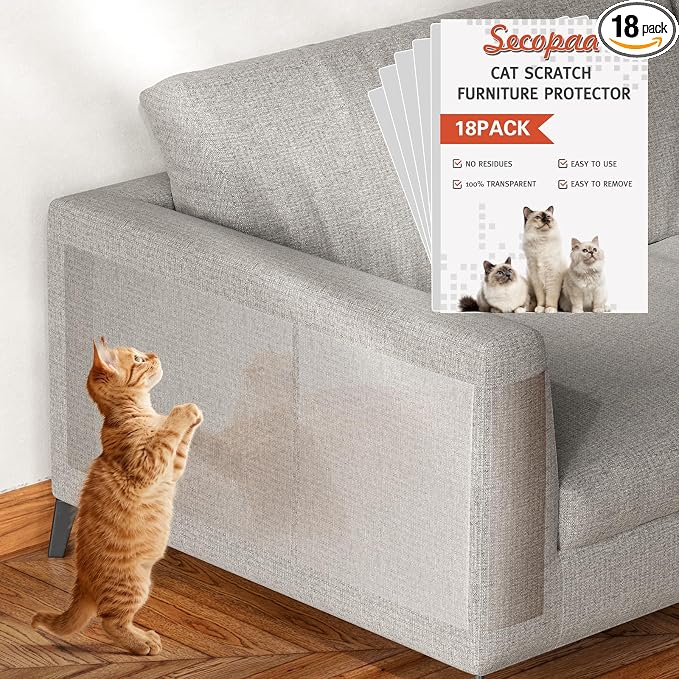 Secopad 18 PCS Cat Scratch Furniture Protector, Couch Protector, 14IN | Transparent, Single-Sided, Self Adhesive, Large Size, Easy to Use and Remove, Anti Pet Deterrent, Sofa Cover from Cat Claws by Secopad