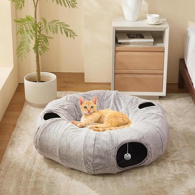 WINDRACING Cat Tunnel Bed for Indoor Cats - Cute Cat Donut Tunnel with Washable Circle Cushion, Round Pet Play Toy for Kitten/Puppy/Rabbit, Grey - Image 3