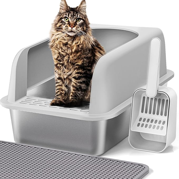Henkelion Stainless Steel Cat Litter Box with Lid, 20" L x 14.2" W x 11.8" H, Extra Large Litter Box for Big Cats with High Sided, Anti-Urine Leakage, Easy Cleaning, Include Cat Mat and Scoop by Henkelion