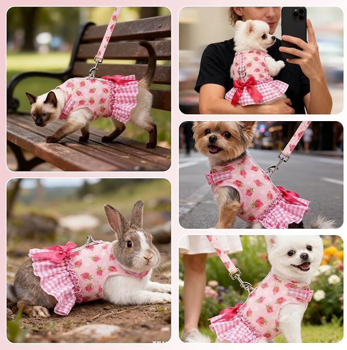 EXPAWLORER Dog Harness Small Medium Sized Dogs, No Choke No Pull Mesh Vest | Strawberry Dog Dress Bowknot Harness and Leash Set Soft Cute Princess Puppy Outfits Clothes Costume for Girl Party Cat Pink M - Image 8