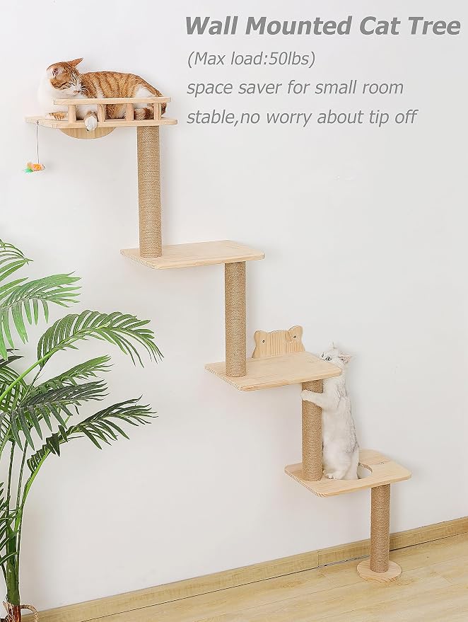 Cat Tree Wall Mounted with 4 Levels Shelves, 73" Wood Corner Tower Inside Kitten Scratching Post for Climbing,Perching and Lounging (Right to Left) - Image 2