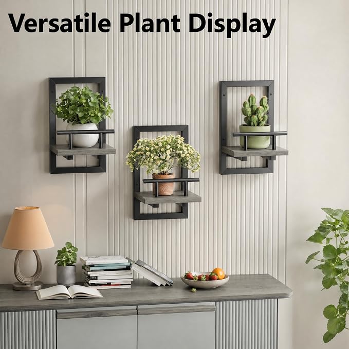 Sbosbo Floating Shelves for Wall Plant Shelf Indoor Wall Mounted Shelves | Wall Planters for Indoor Floating Plant Shelves for Bedroom, Living Room, Kitchen, Office, Bathroom Decor (Grey, 2 Pack) - Image 5