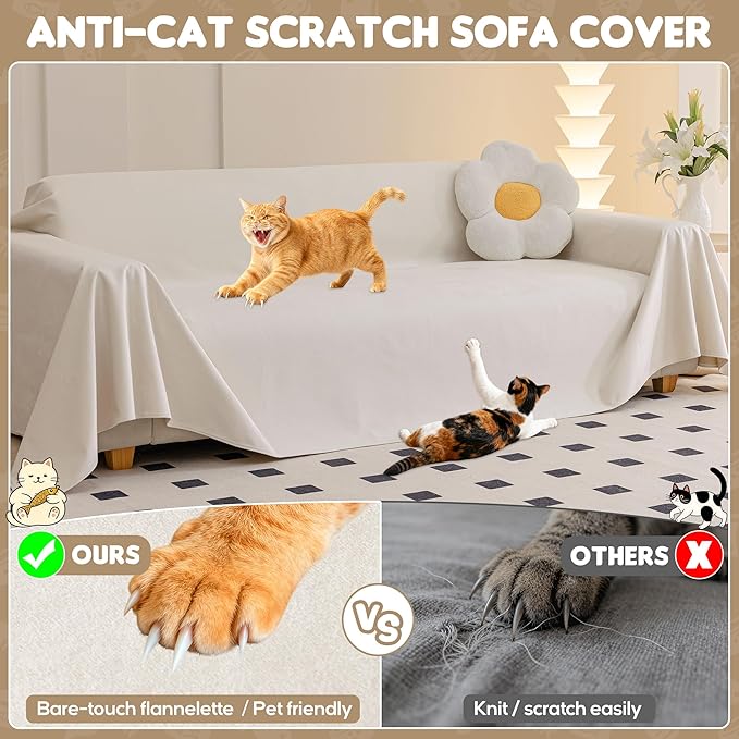 Loiion Cat Scratch Couch Cover Waterproof Sofa Cover 134"x71" Beige | Pet-Friendly Couch Protector, Anti-Scratch & Non Slip Sofa Cover For Cats Dogs Kids, Machine Washable - Image 2