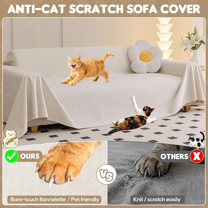 Loiion Cat Scratch Couch Cover Waterproof Sofa Cover 118"x71" Beige | Pet-Friendly Couch Protector, Anti-Scratch & Non Slip Sofa Cover For Cats Dogs Kids, Machine Washable - Image 3