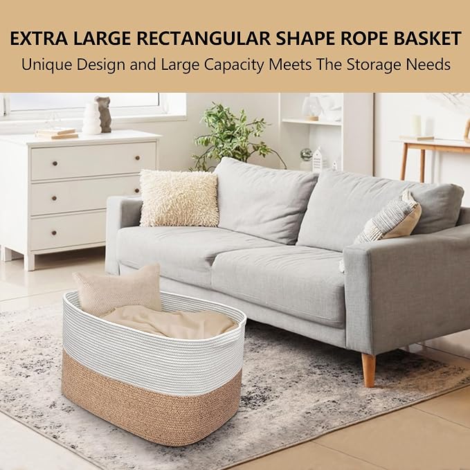 MEGASKET 108L Super Large Blanket Basket, 25" x 16" x 16" Woven Jumbo Basket for Blankets, Toys, Laundry, Extra Large Cotton Rope Pillow Holder Organizer, Entryway Shoes Bin, Living Room Storage - Image 4