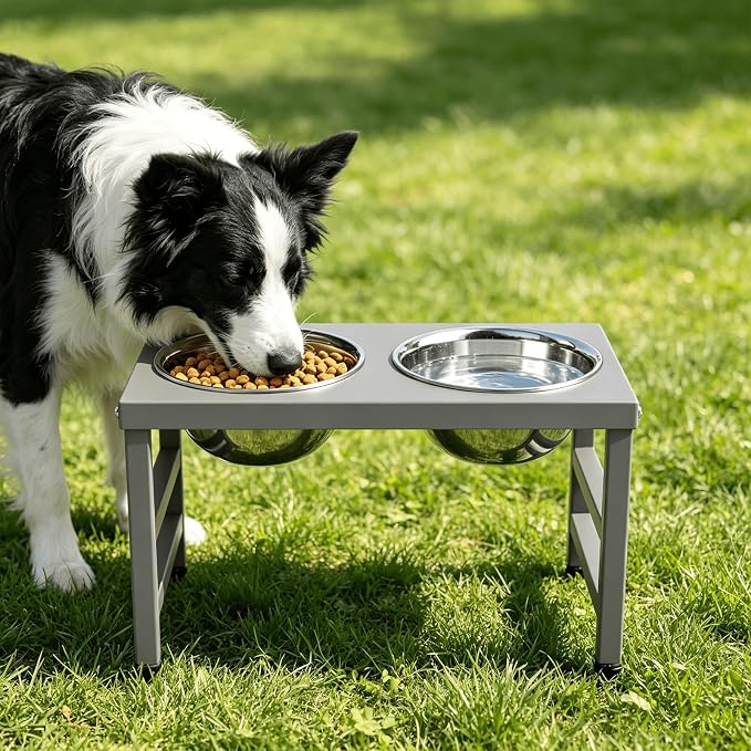 10'' Metal Raised Dog Bowl Stand, Elevated Dog Bowls with 2 Stainless Steel Bowls (1700ml/58oz) & Anti-Spill Mat for Medium/Large Breeds,Gray - Image 6