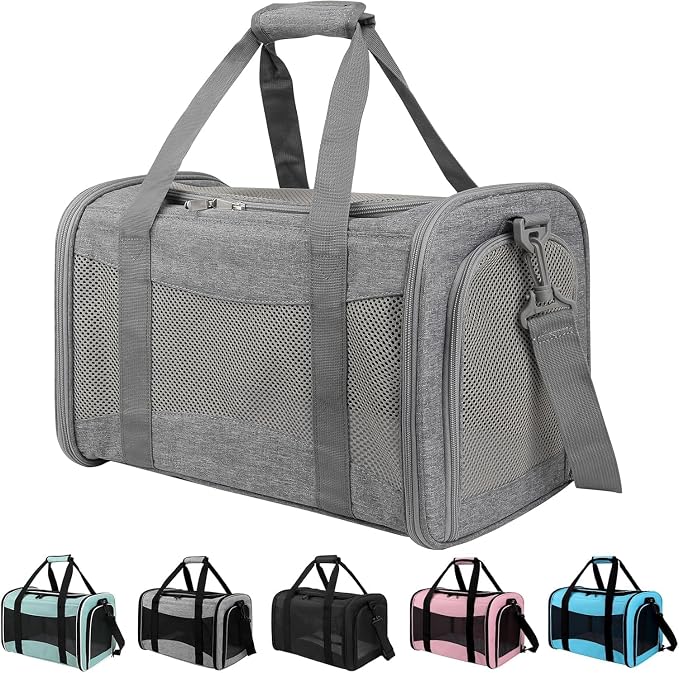 Cat Carrier, Soft-Sided Airline Approved Pet Carrier Case with 4 Ventilated Windows for Cats and Dogs Under 10-25Lbs (17.0 L x 11.0 W x 11.0 H Inch, Grey) by Yipincover