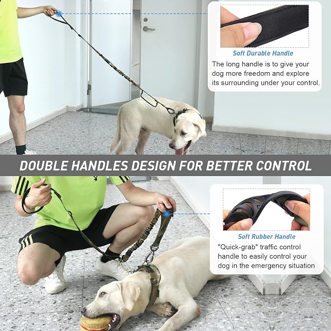 Hotsky Tactical Bungee Shock Absorbing No Pull Strong Dog Leash,CP,4-6FT | Heavy Duty for Medium Large Dogs That Pull up to 660 lb,with Padded Double Handle ＆ Car Seatbelt,360°Rotating Locking Clasp - Image 7