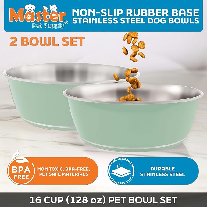 Master Pet Supply Stainless Steel Dog Bowls Set of 2 - Pistachio, 128 Oz | Non-Slip Rubber Base, Basic Dog Food Bowl Water & Food Bowls for Small, Medium, Large Dogs & Cats Metal Dish - Image 2