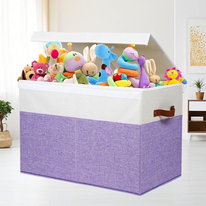 Large Toy Storage Box with Lid, Toy Chest Bin Boxes Basket with Dividers | Sturdy Toy Organizer Bin for Kids, Boys, Girls, Nursery, Living Room, Bedroom, Playroom 25"x13" x16" (Purple and White) - Image 2
