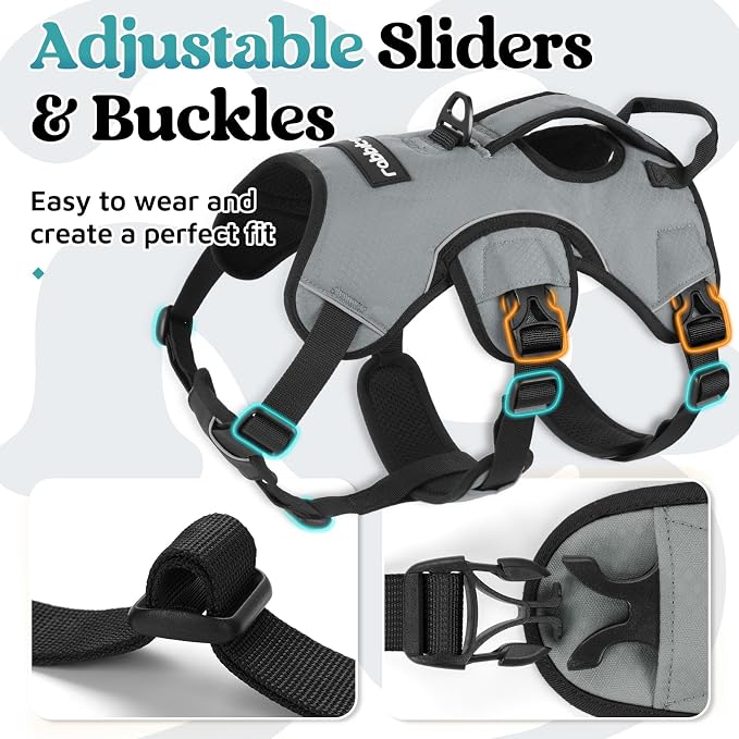 rabbitgoo Escape Proof Dog Harness for X-Large, No Pull with Lift Handle | No Escape, Full Soft Padded, Reflective Adjustable Vest, Leash Clip for Walking Hiking Training, Grey, X-Large - Image 7
