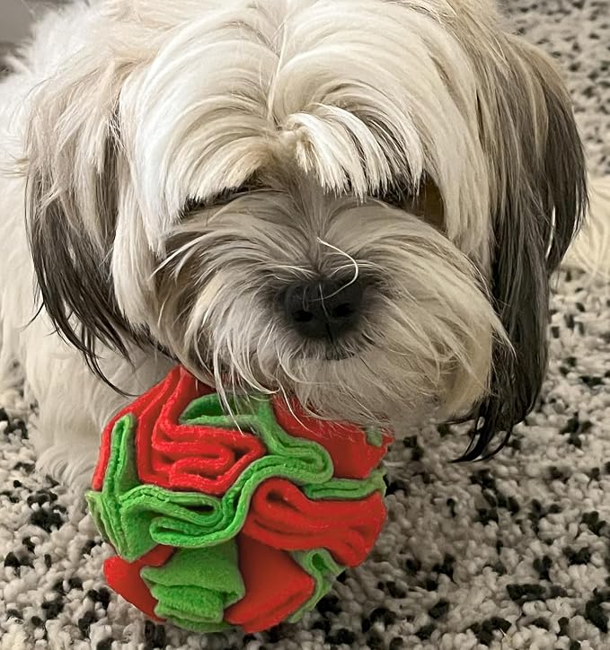 Glory To Dog Small Breed Snuffle Ball Foraging Dog Toy Christmas Green/Red | Interactive fleece snuffleball hides treats at variable depths. Engages smell & foraging instinct Machine wash 4" Small breed - Image 3