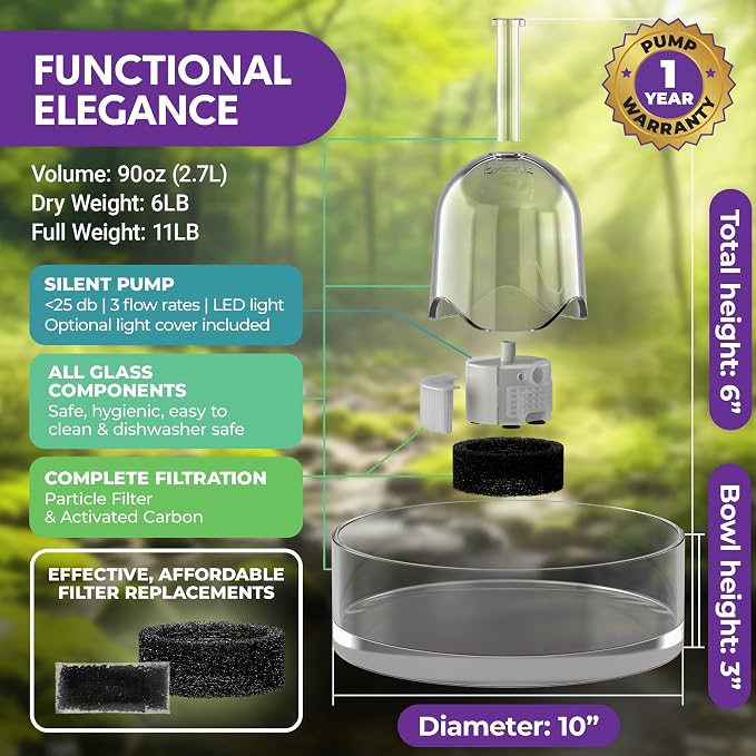 Brook Glass Cat Water Fountain 90oz – Dishwasher Safe Pet & Dog Fountain | Automatic 2.7L drinking water dispenser – quiet, easy to clean glass bowl, filters included – for indoor cats, kittens & dogs - Image 5
