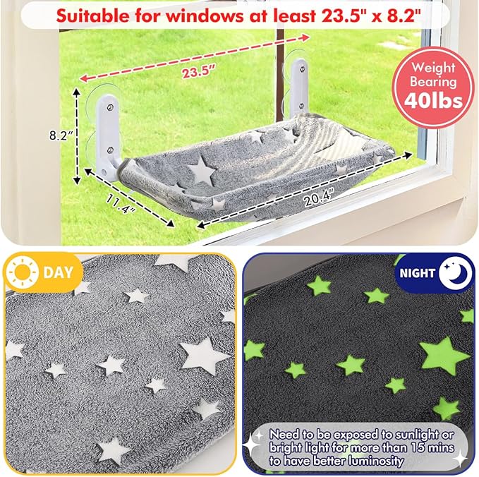 Zoratoo Glow in the Dark Cat Window Perch, Foldable Cordless Pet Hammock, M | Glowing Stars Fabric, Sturdy Metal Frame, Removable for Machine Wash, Comfortable Sunken Design Resting Seat for Indoor Cats - Image 4