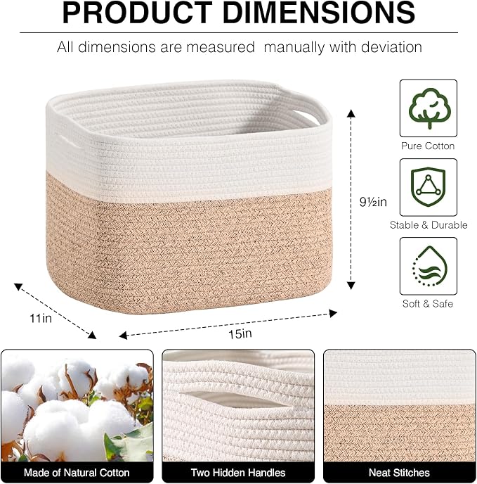 ICERZCZ Woven Cotton Rope Storage Basket for Organizing, Cute Decorative Baskets for Gifts Empty, Organizer Bins for Dog Toy, Baby Laundry, 15“×11”×9.5“, Off White & Brown - Image 2