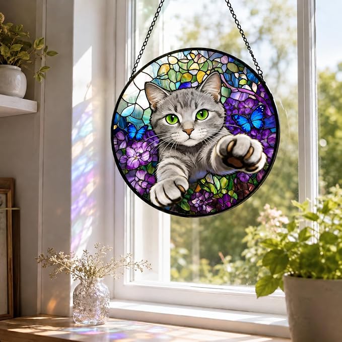 Stained Glass Window Hanging Cat Suncatcher with Butterfly Design, Round Window Hanging Decor, Colorful Sun Catcher for Home, Garden & Gifts for Cat Lovers - Image 8