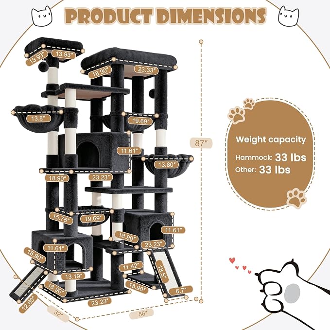 Sha Cerlin 87 in Multi-Level Tall Cat Tree Tower for Large Cats/Extra Wide Feline Activity Center/Sisal Scratching Posts/Wide Base/Cozy Plush Perches/Baskets/Hammocks/Toy Balls/Dark Grey - Image 9