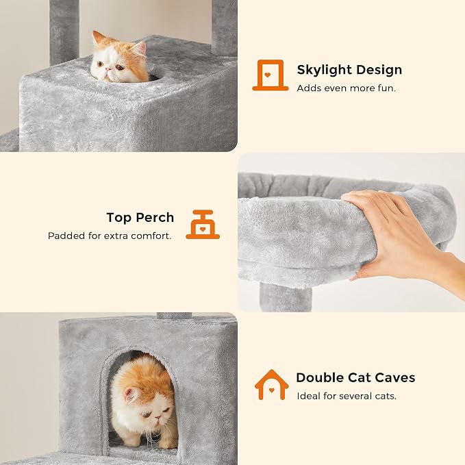 Feandrea Cat Tree, 73.2-Inch Cat Tower, Multi-Level Condo, Light Gray | with 5 Scratching Posts, 2 Perches, 2 Caves, Hammock, 2 Pompoms for Indoor Cats, Easy to Assemble, UPCT191W01 - Image 8