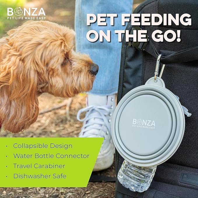 Bonza Collapsible Dog Bowls - 2 Pack, Small 12 oz, Dog Travel Accessories, Silicone Portable Dogs Bowl & Water Dish with Reinforced Rim & Carabiner for Hiking, Camping, and Car Trips, Light Gray - Image 5