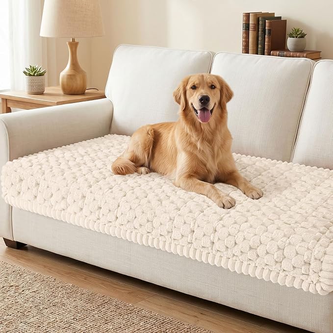 Smiry Non Slip Couch Covers for Dogs, Scratch Resistant Pet Sofa Protector | Machine Washable Soft Fuzzy Thick Furniture Cover for Sofa Loveseat Sectional Large Dogs, Cream, 35.4" x 95" by Smiry