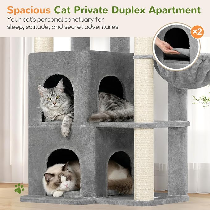 Globlazer Cat Tree Tower for Indoor Cats, Sturdy Adult Cat Tree House for Large Adult Cats with 2 Platform, 6 Cat Scratching Post, 2 Cat Caves, Dangling Toys, S63, 63 inch, Light Grey - Image 3