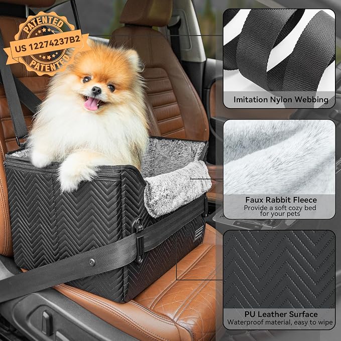 PETSFIT Small Dog Car Seat, Waterproof PU Leather Dog Carseat with Patent Safe Buckles, Clip-On Leash, Car Seat for Dogs, Cats Up to 25 lbs (Glossy Black) - Image 5
