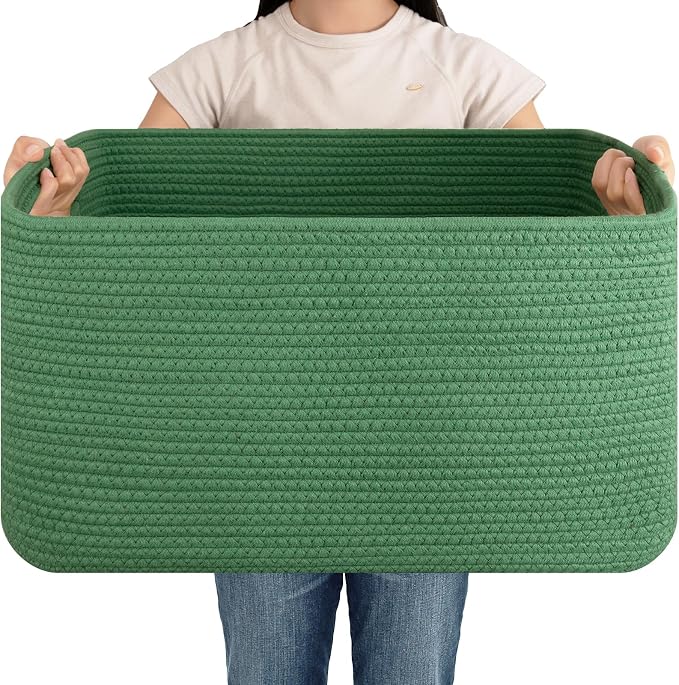 OIAHOMY 75L Large Blanket Basket, Woven Cotton Rope Baskets for Organizing 22”x17”x12”, Blanket Basket living Room, Toy Storage Bins for Nursery, Green by MasterofSpaceOptimization