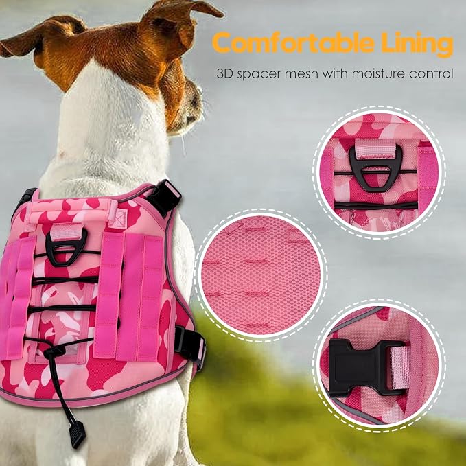 Heavy-Duty Tactical Dog Harness for Large Dogs, No Pull Adjustable Reflective Pet Vest with Molle System, K9 Military-Grade Control for Service Training, Outdoor & 10+ Breeds, Pink Camo, X-Large - Image 2