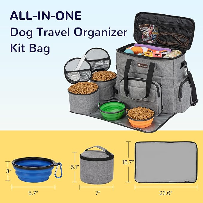 Modoker Dog Travel Organizer with 2 Collapsible Bowls for Supplies & Accessories, Airline Approved Dog Tote Pet Travel Bag with 2 Travel Food Container | Dog travel accessories set with feeding supplies, bowls, mat, and strap. Ideal for weekend trips. - Image 3
