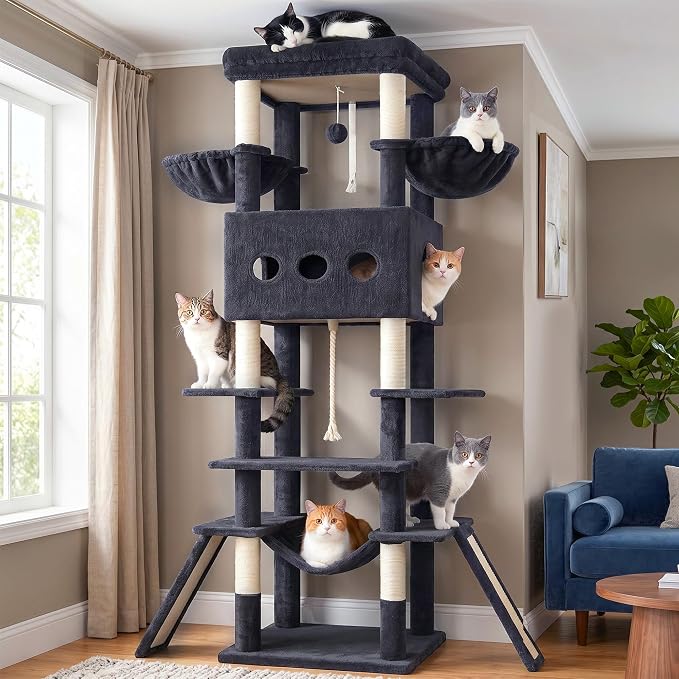 Cat Tree, 78.7'' Tall Tower with Extra Wide Top Platform GCT804G | Multi-level Cat Furniture for Indoor Cats, Cat House with Dual Scratching Boards, Big Condo, 2 Baskets & Hammock, Light Gray by Gitelnour
