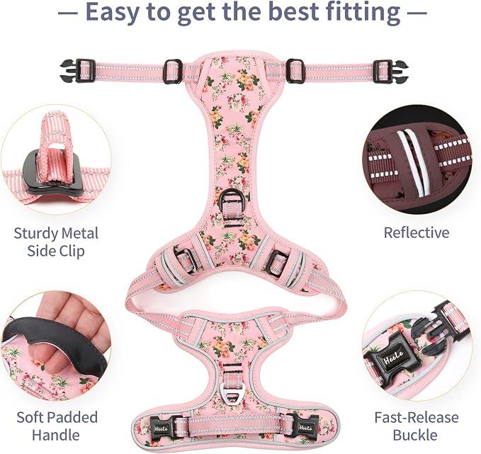 HEELE Dog Harness, No Pull Adjustable Padded Reflective Harness for Small Medium Large Dogs with Handle for Walking Training, Flower-Pink, L | Reflective Front Clip Vest with Control Handle, No Choke, Adjustable 2 Metal Rings for Outdoor Walking Training - Image 6