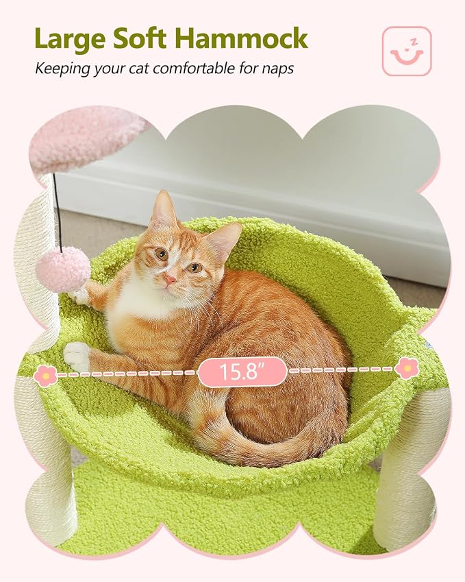 Flower Cat Tree, 28" Cat Tower with Cozy Flower Perch, Large Hammock for Indoor Small Cats, Cute Cat Tree with Sisal Scratching Post and Fur Toy Ball for Kittens, Pink | Plush flower perch, Metal frame hammock, Sisal post, Fluffy toy ball, Thickened st... - Image 6