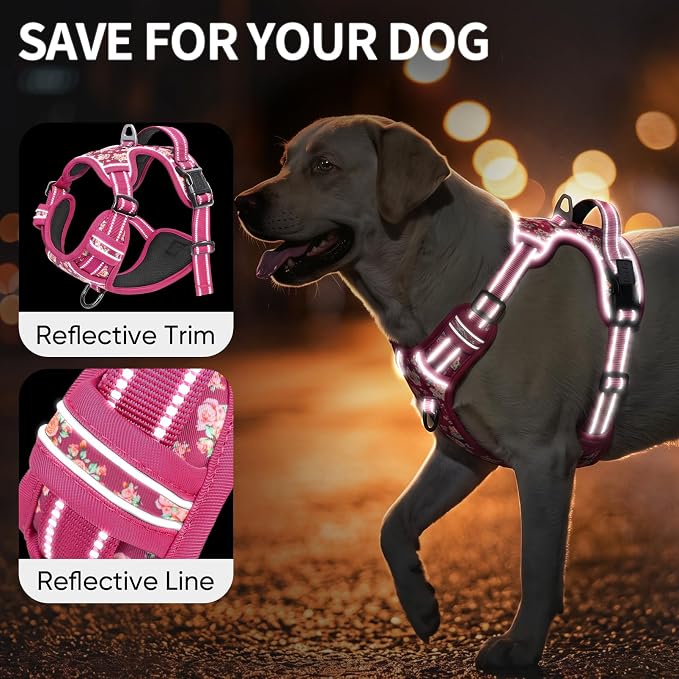 HEELE Dog Harness, Reflective, No Pull No Choke, Flower Rose, M | Front Clip for Medium Dog Harness, 2 Metal Rings with Handle, Adjustable, Soft Breathable Padded Pet Vest for Night Walking - Image 3