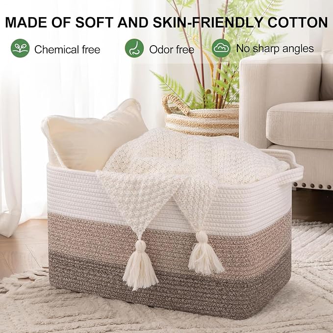 OIAHOMY Rectangle Woven Storage Basket - Nursery Cotton Rope Baskets for Storage, Toy Basket Organizing for Living Room, 17.7"x13.8"x11"- Pack of 3 - Gradient Yellow - Image 2