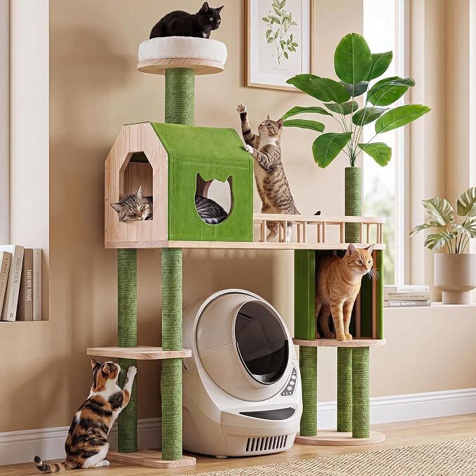 Wood Cat Tower for Self-Cleaning Litter Box, with Faux Plant, 58In | Multi-Level Cat Tree for Adult Large Cats, with Cozy Plush Bed, House, Scratching Posts, Cat Furniture for Indoor Cats, Green - Image 8